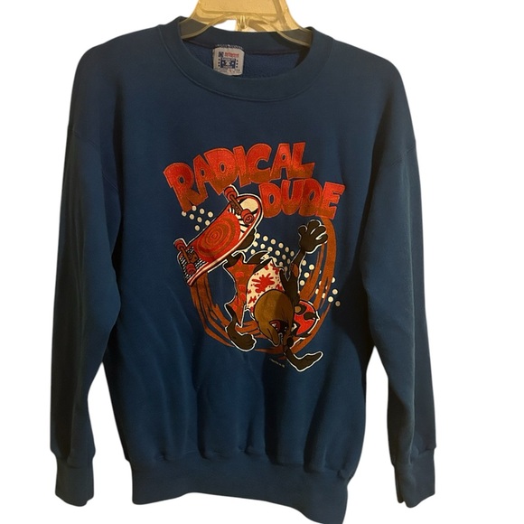 Vtg 1987 Taz the Tasmanian Devil “ Radical Dude” Skateboard Blue Sweatshirt M/L - Picture 3 of 7